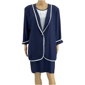 Vtg 80s Kwai Nautical Navy Blue White Shift Dress Gold Button Union Made